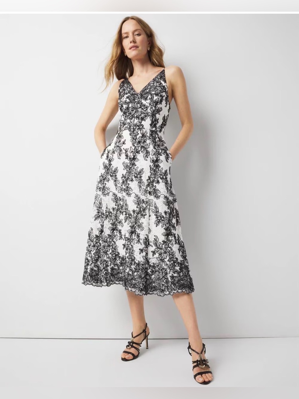 White House Black Market White and Black Floral Lace Midi Dress